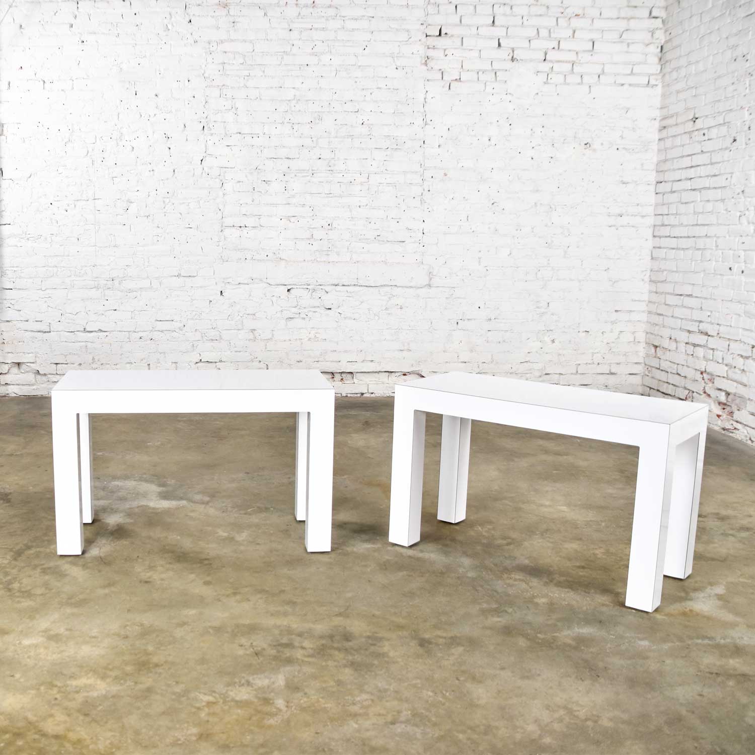 White Laminate Parsons Style Side or End Tables with Glass Tops, a Pair