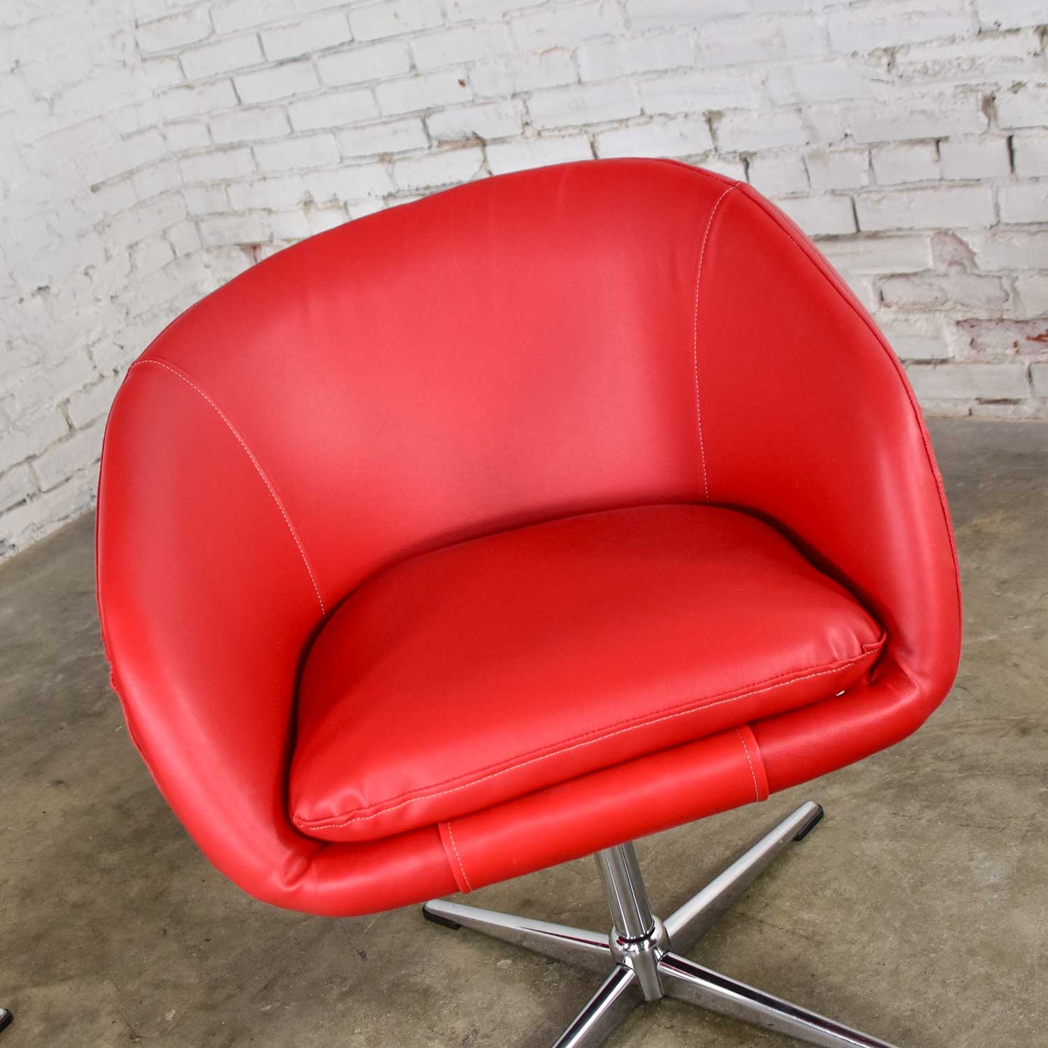 Shelby Williams MCM Swivel Bucket Chairs New Red Vinyl Faux Leather & Chrome X Base
