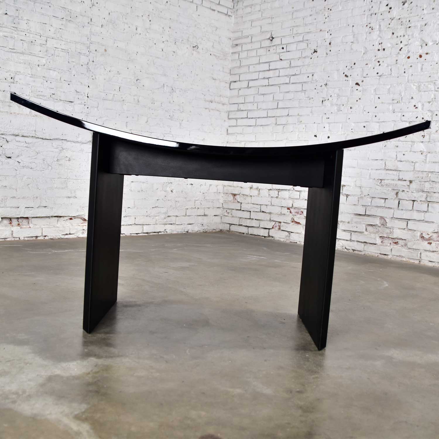 Italian Postmodern Dining Table by Pietro Costantini Black Lacquer & Geometric Inlay w/ Glass Top