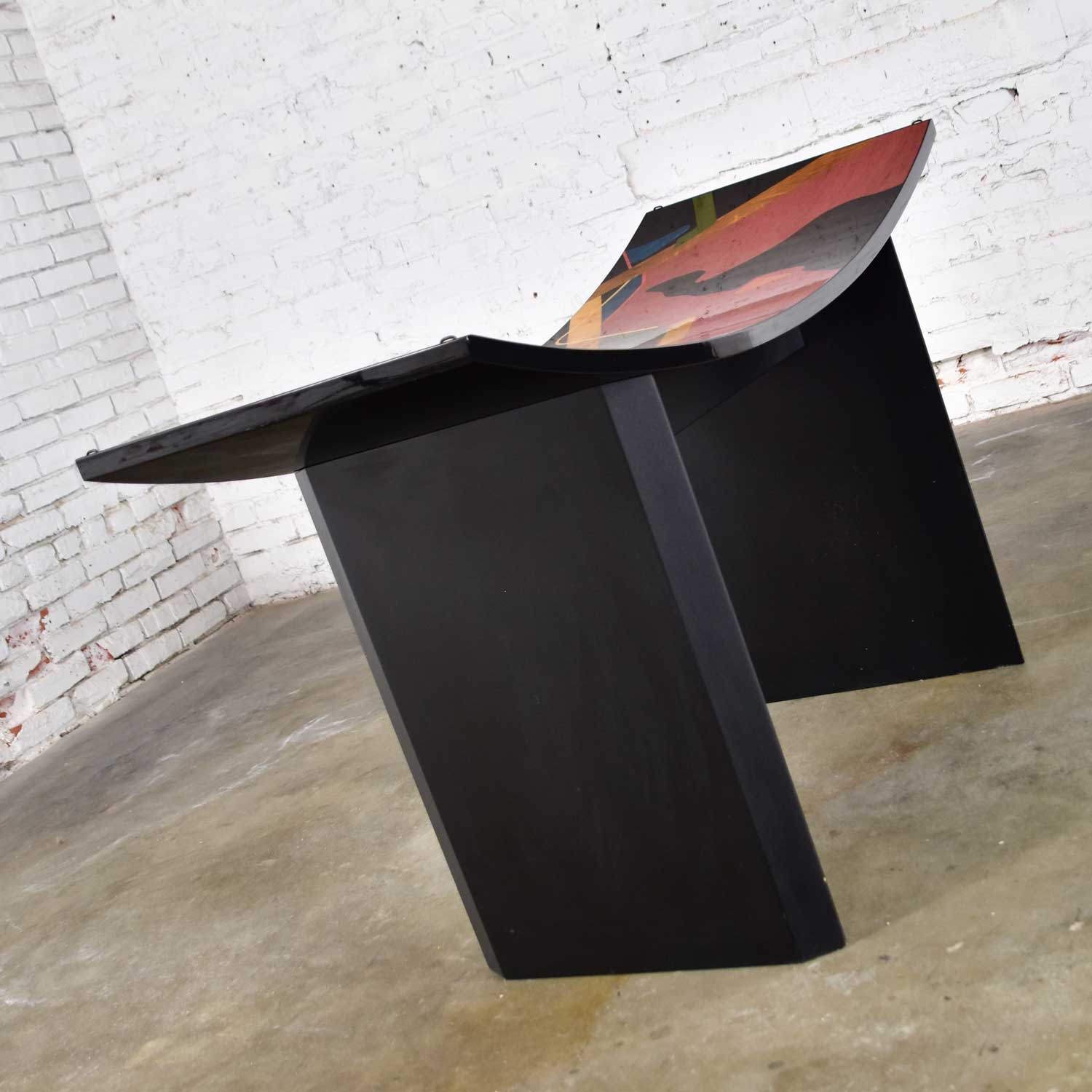Italian Postmodern Dining Table by Pietro Costantini Black Lacquer & Geometric Inlay w/ Glass Top