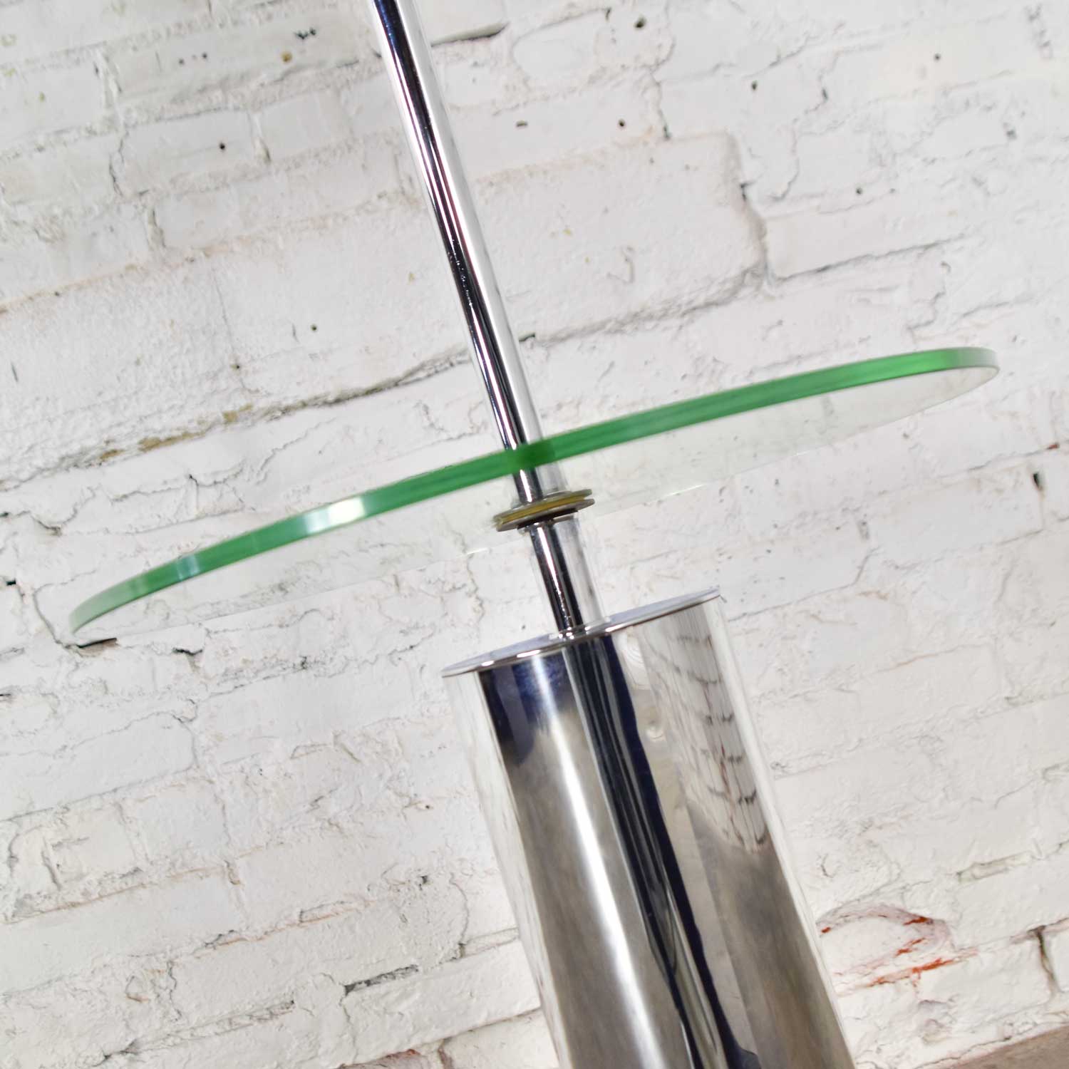 Modern Chrome Cylinder Floor Lamp with Attached Glass Side Table in the Style of George Kovacs