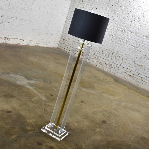 Art Deco Revival Hollywood Regency Lucite and Brass Plate Floor Lamp