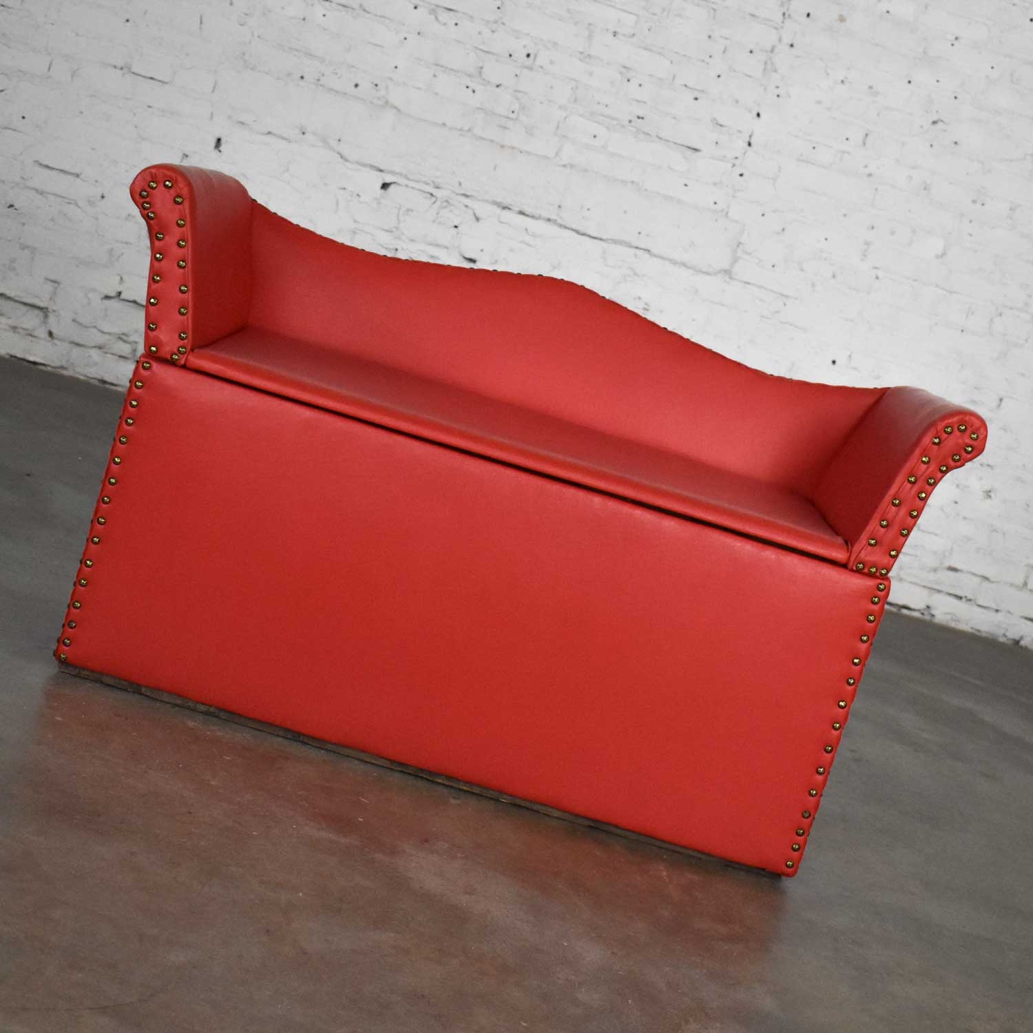 Vintage Coral Vinyl Faux Leather Cedar Lined Storage Bench Settee with Nail Head Detail