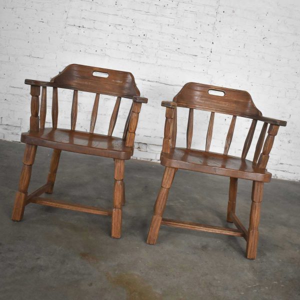 Vintage Ranch Oak Captains Armchairs by A. Brandt Acorn Brown Finish a Pair