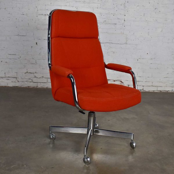 Modern Chromcraft Adjustable Armed High Back Rolling Office Chair in Orange Hopsack Fabric