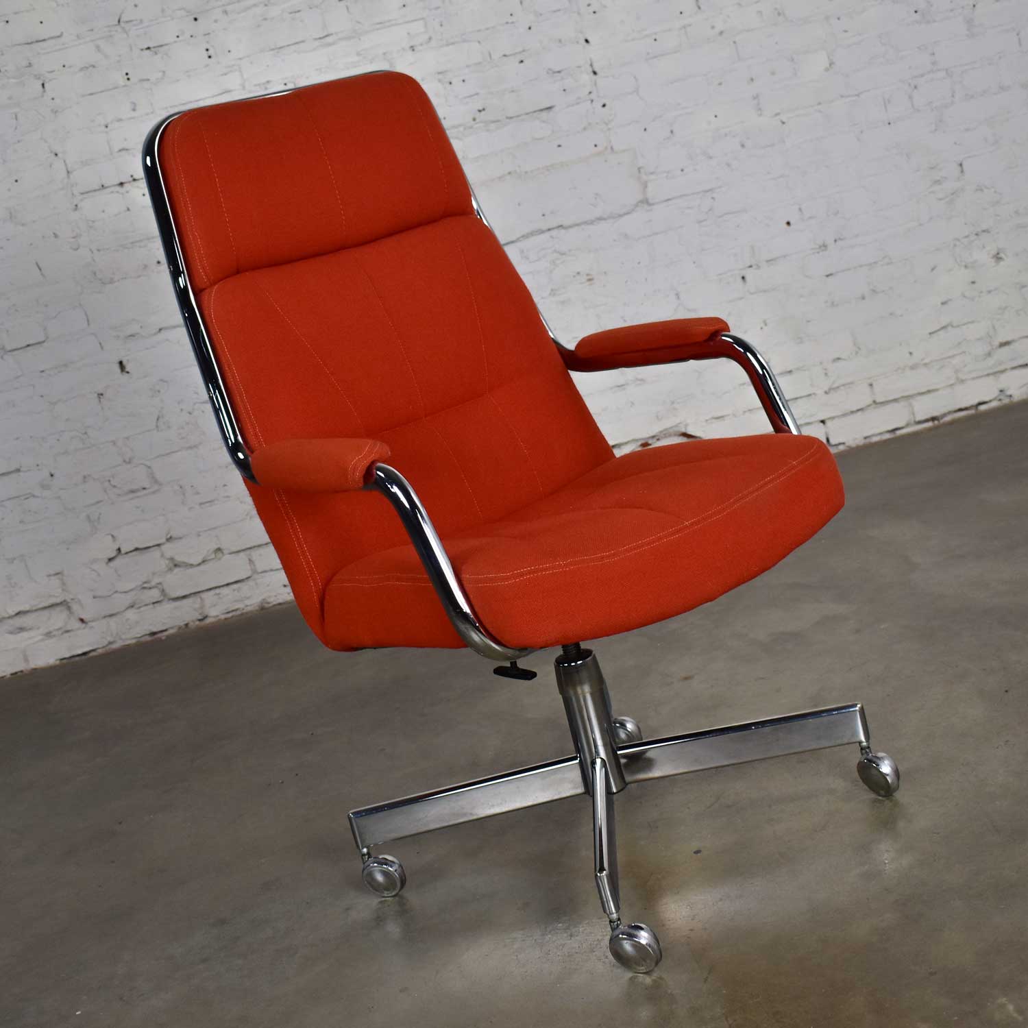 Modern Chromcraft Adjustable Armed High Back Rolling Office Chair in Orange Hopsack Fabric