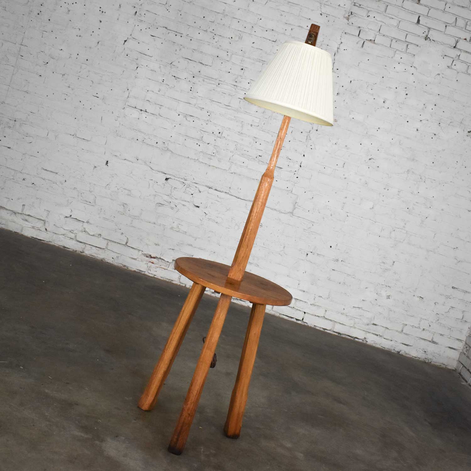 Vintage Ranch Oak Adjustable Arm Floor Lamp Tri Leg Base with Table by A. Brandt