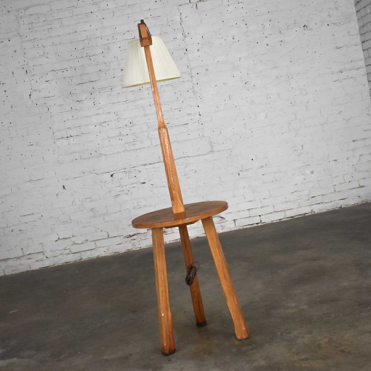 Vintage Ranch Oak Adjustable Arm Floor Lamp Tri Leg Base with Table by A. BrandtVintage Ranch Oak Adjustable Arm Floor Lamp Tri Leg Base with Table by A. Brandt
