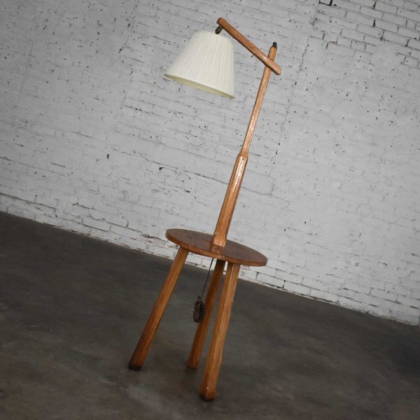 Vintage Ranch Oak Adjustable Arm Floor Lamp Tri Leg Base with Table by A. Brandt