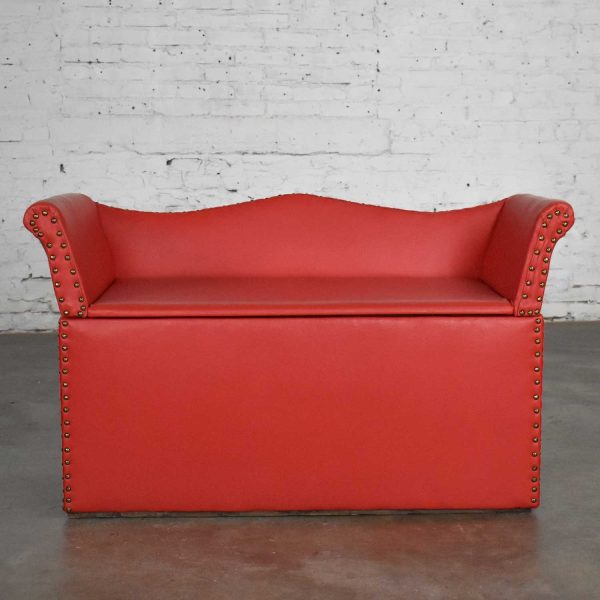 Vintage Coral Vinyl Faux Leather Cedar Lined Storage Bench Settee with Nail Head Detail