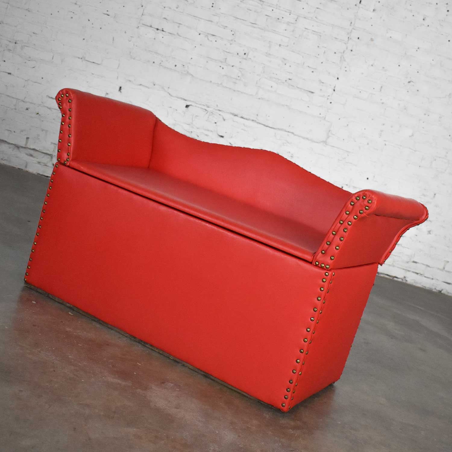 Vintage Coral Vinyl Faux Leather Cedar Lined Storage Bench Settee with Nail Head Detail