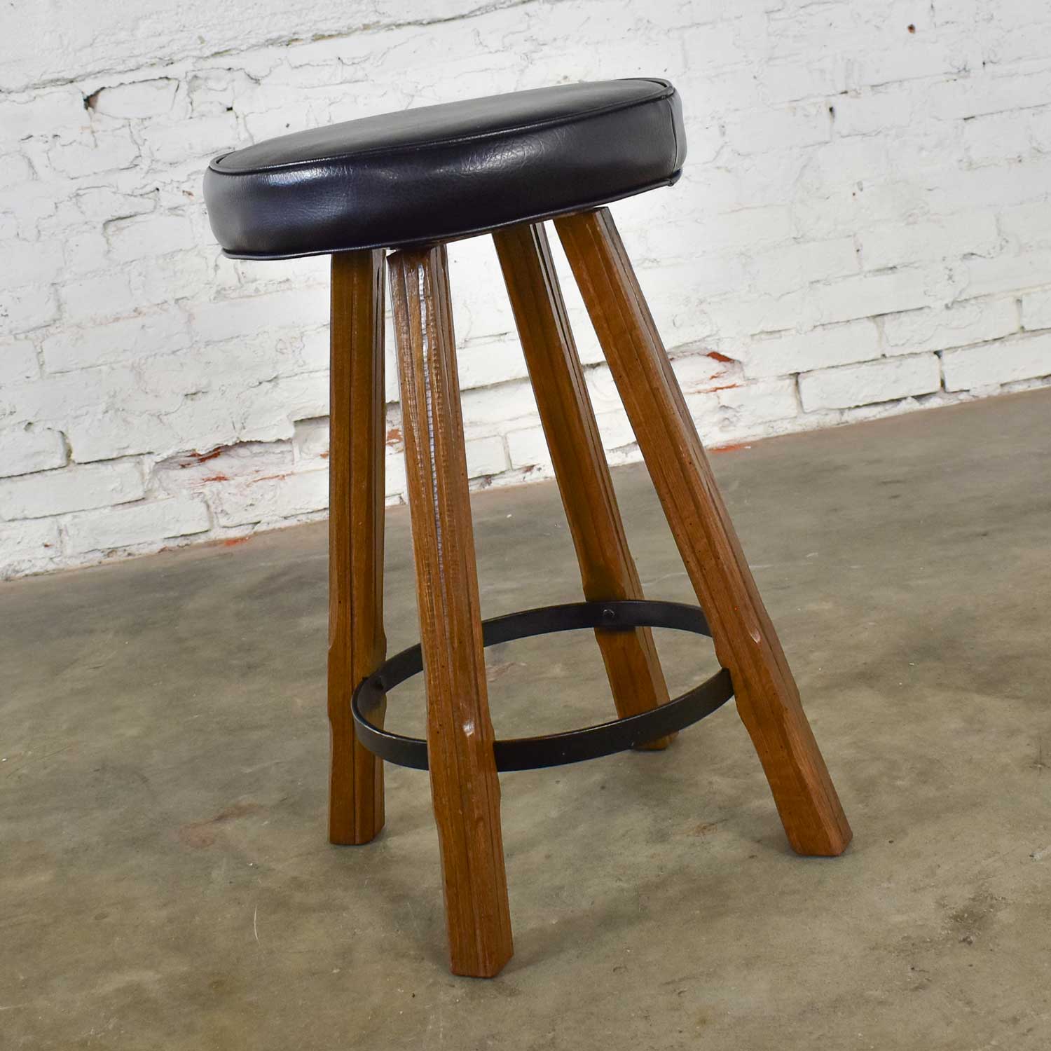 Brandt Ranch Oak Bar Stool Acorn Brown Finish and Black-Brown Vinyl Faux Leather Seat