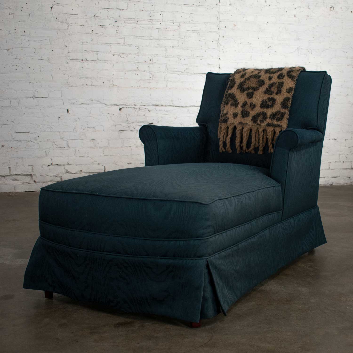 Traditional Chaise Lounge with Navy Blue Cotton Moire Fabric and Rolled Arms