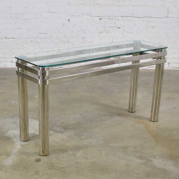 Modern Chrome Rectangle Console Sofa Table with Glass Top Style of Pace or Karl Springer