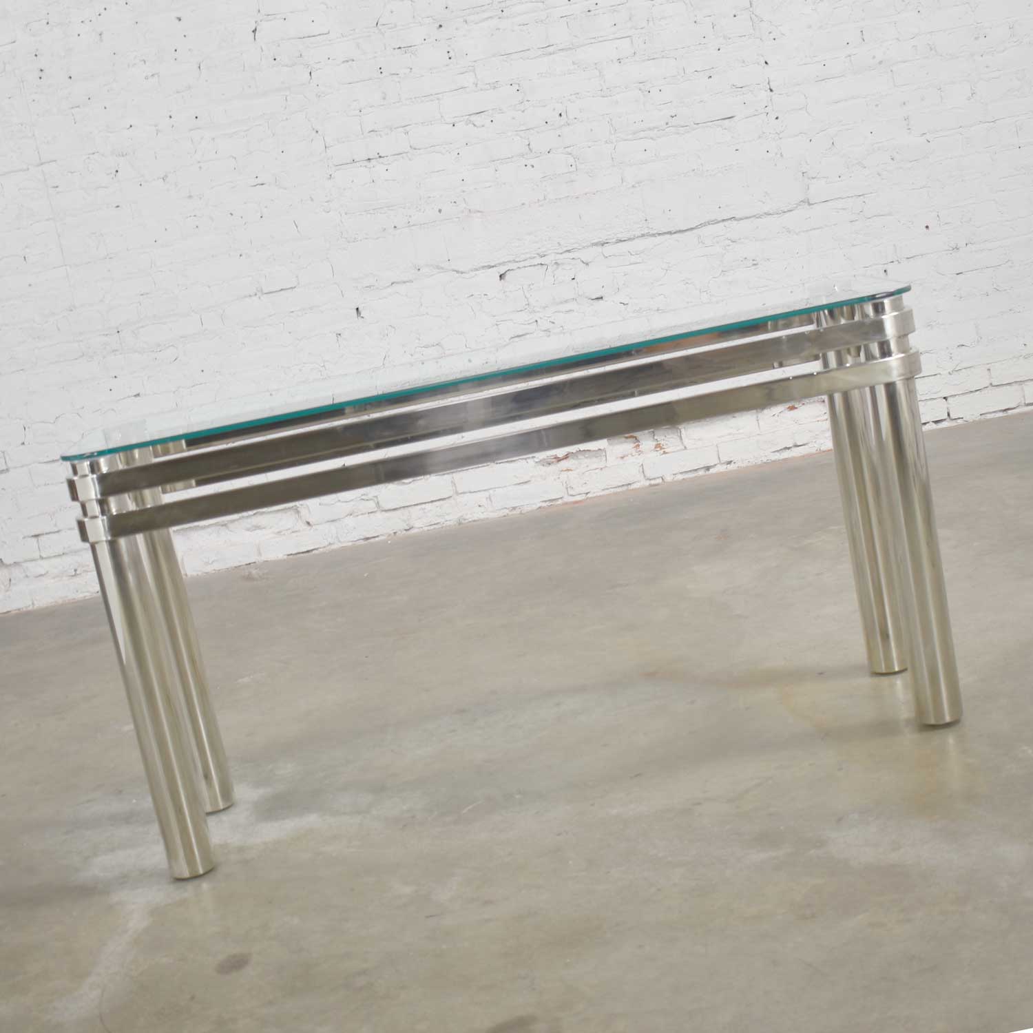 Modern Chrome Rectangle Console Sofa Table with Glass Top Style of Pace or Karl Springer
