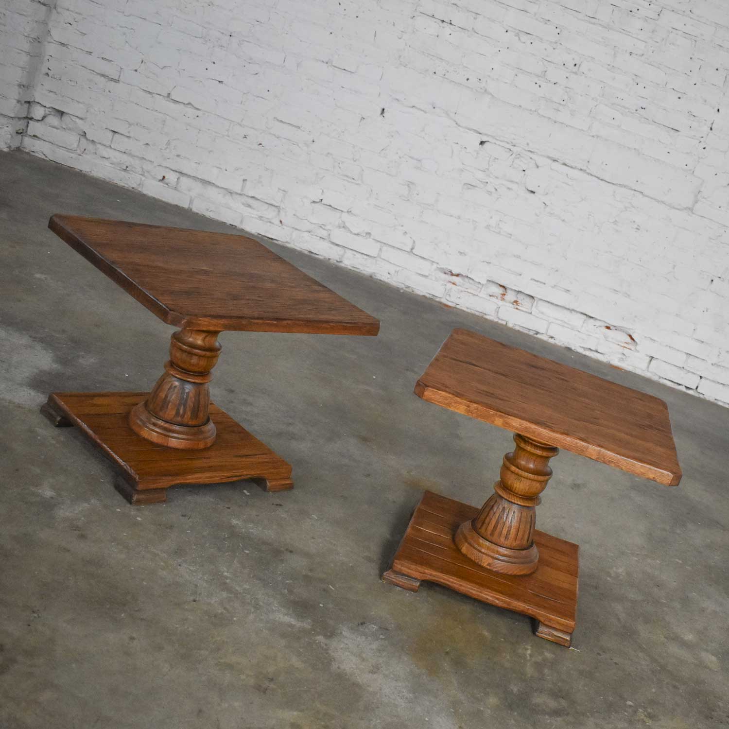 Pair Vintage Ranch Oak Pedestal Side Tables with Acorn Brown finish by A. Brandt