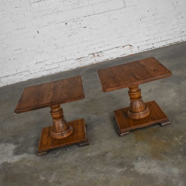 Pair Vintage Ranch Oak Pedestal Side Tables with Acorn Brown finish by A. Brandt