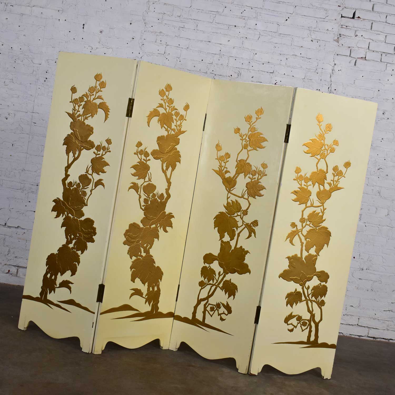 Painted Off White Hollywood Regency BoHo Chic Four Panel Folding Screen with Floral Embossed Design