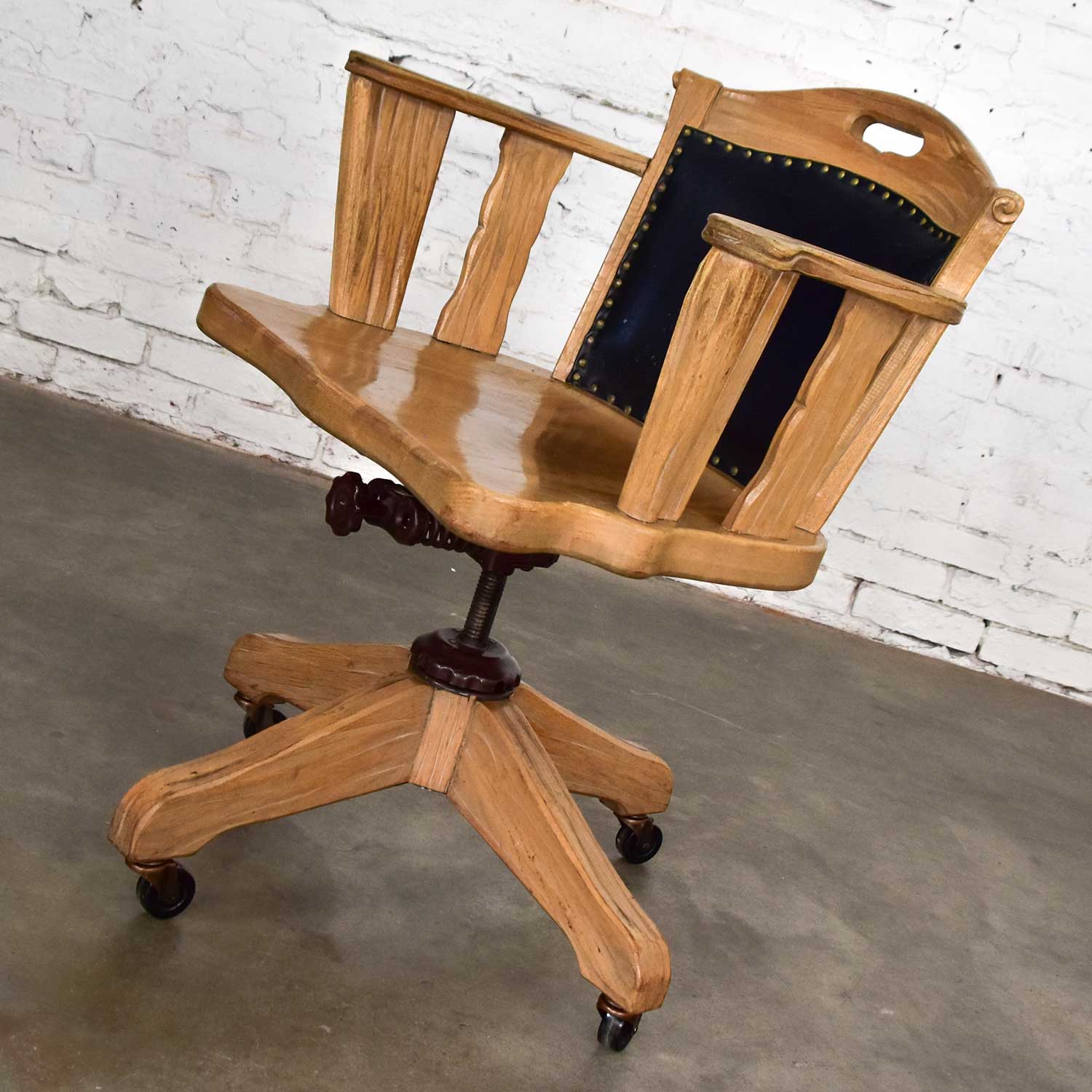 Vintage Ranch Oak Rolling Desk Chair with Leather Back by A. Brandt Company