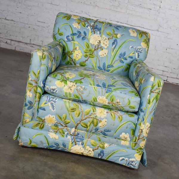 Blue Quilted Chintz Original Cabbage Rose Floral Hollywood Regency Club Chair Style Buatta or Parish