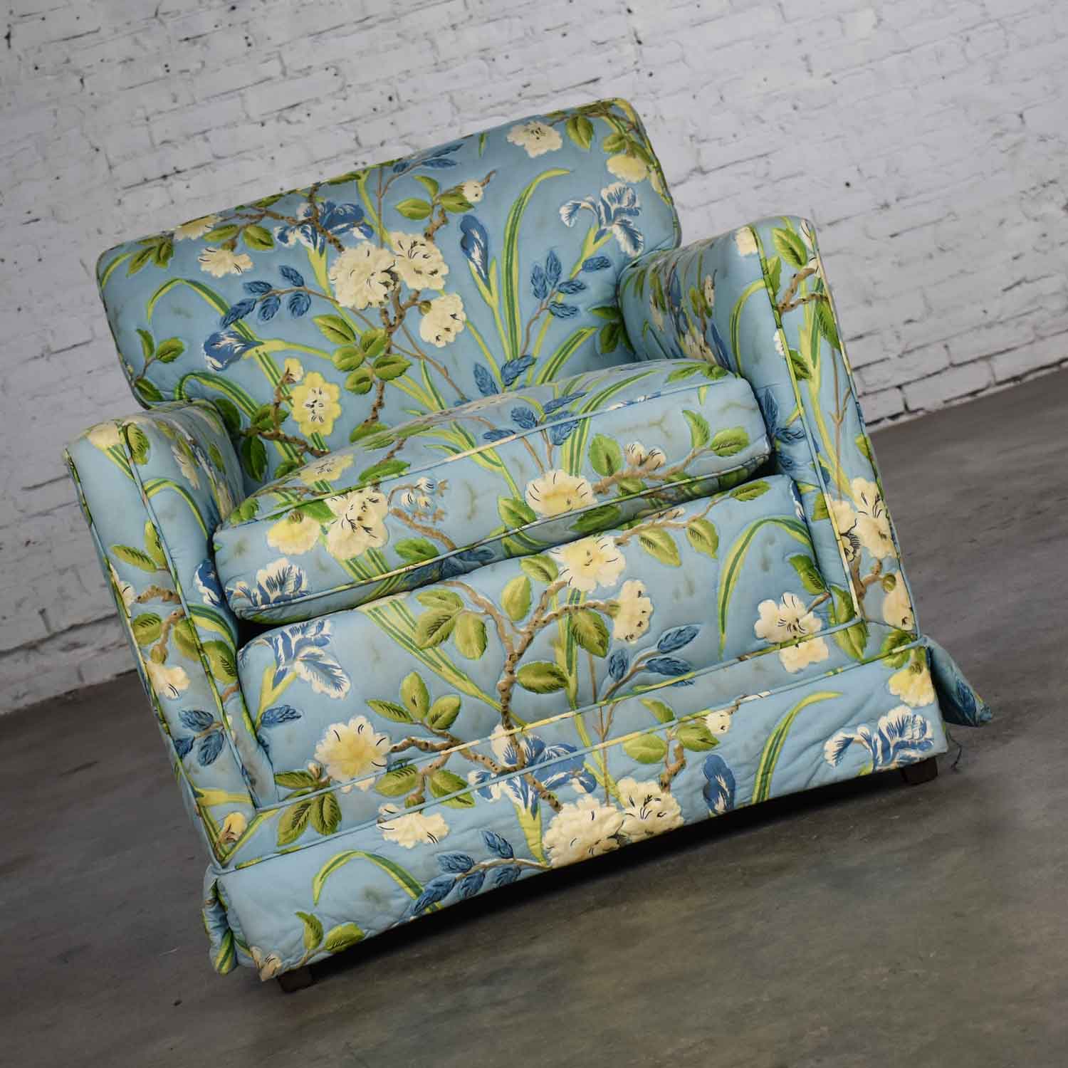 Blue Quilted Chintz Original Cabbage Rose Floral Hollywood Regency Club Chair Style Buatta or Parish