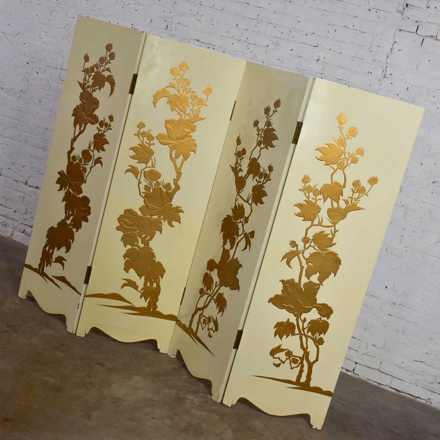 Painted Off White Hollywood Regency BoHo Chic Four Panel Folding Screen with Floral Embossed Design
