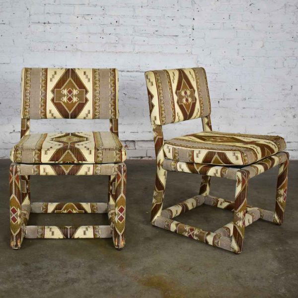 Milo Baughman for Thayer Coggin Tribal Print Upholstered Parsons Chairs a Pair