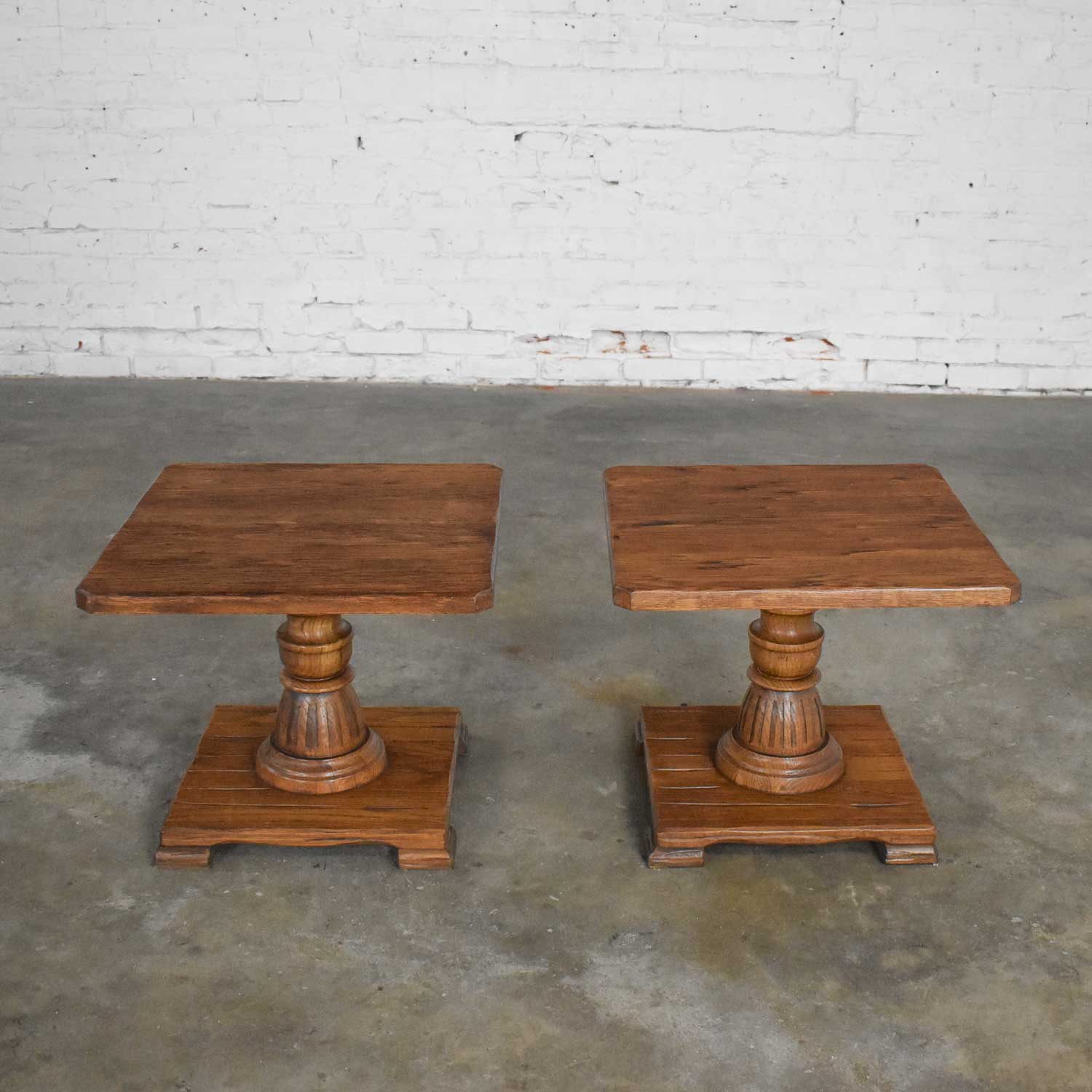Pair Vintage Ranch Oak Pedestal Side Tables with Acorn Brown finish by A. Brandt