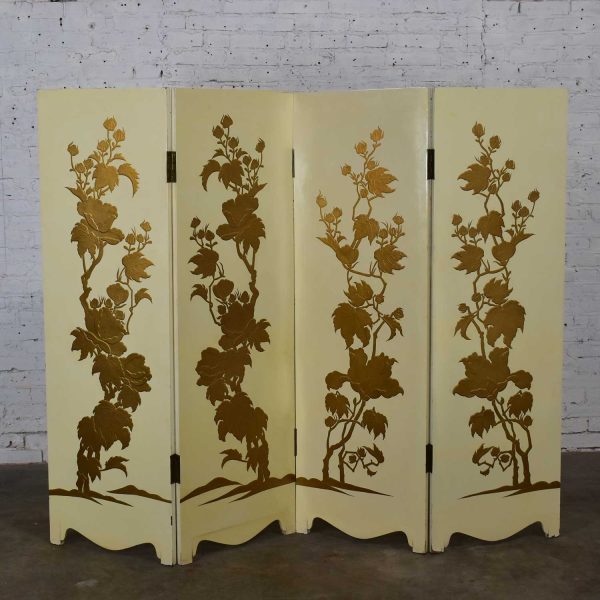 Painted Off White Hollywood Regency BoHo Chic Four Panel Folding Screen with Floral Embossed Design