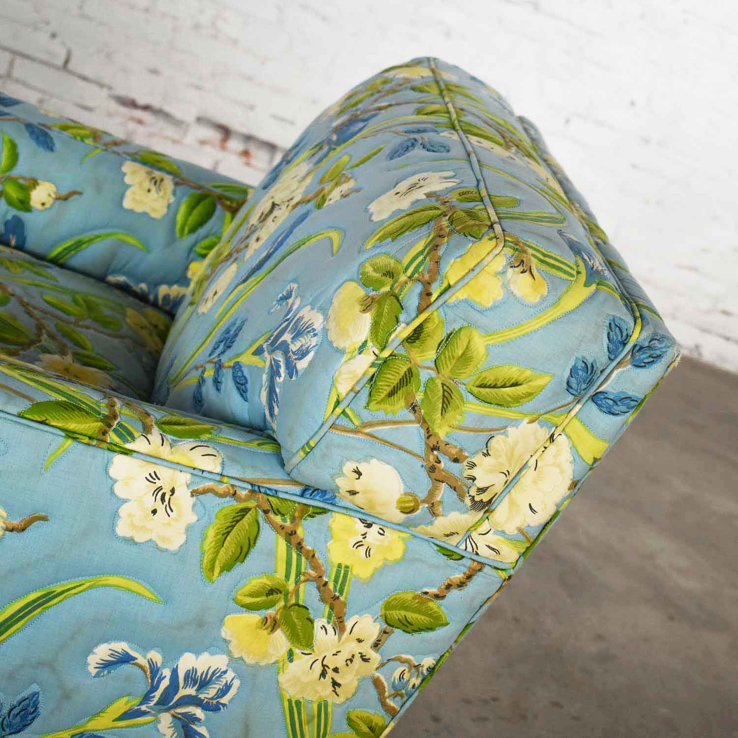 Blue Quilted Chintz Original Cabbage Rose Floral Hollywood Regency Club Chair Style Buatta or Parish