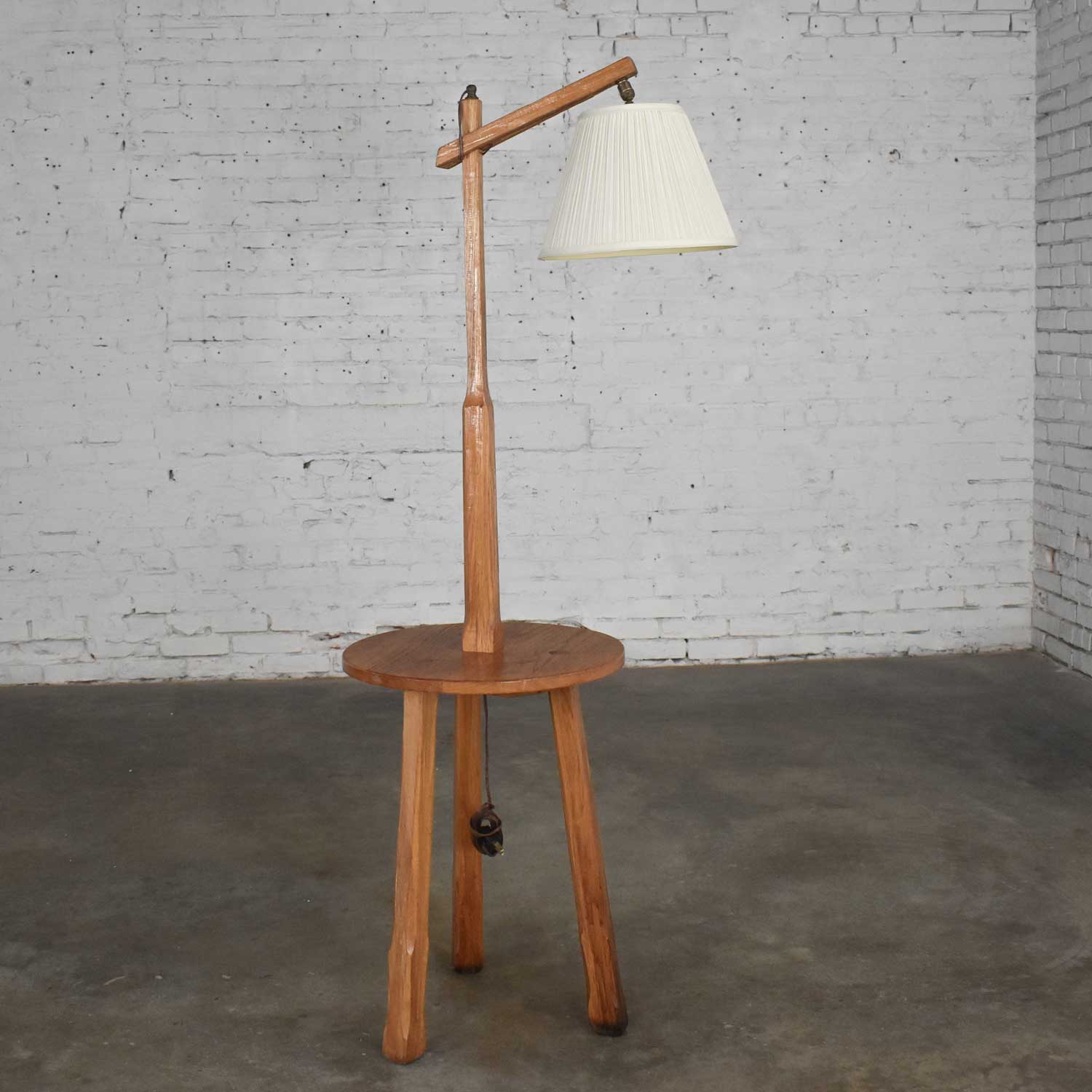 Vintage Ranch Oak Adjustable Arm Floor Lamp Tri Leg Base with Table by A. Brandt