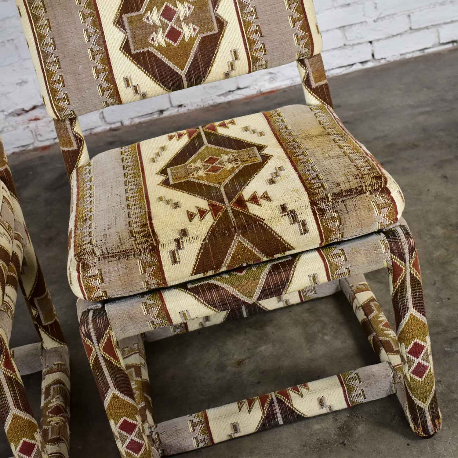Milo Baughman for Thayer Coggin Tribal Print Upholstered Parsons Chairs a Pair