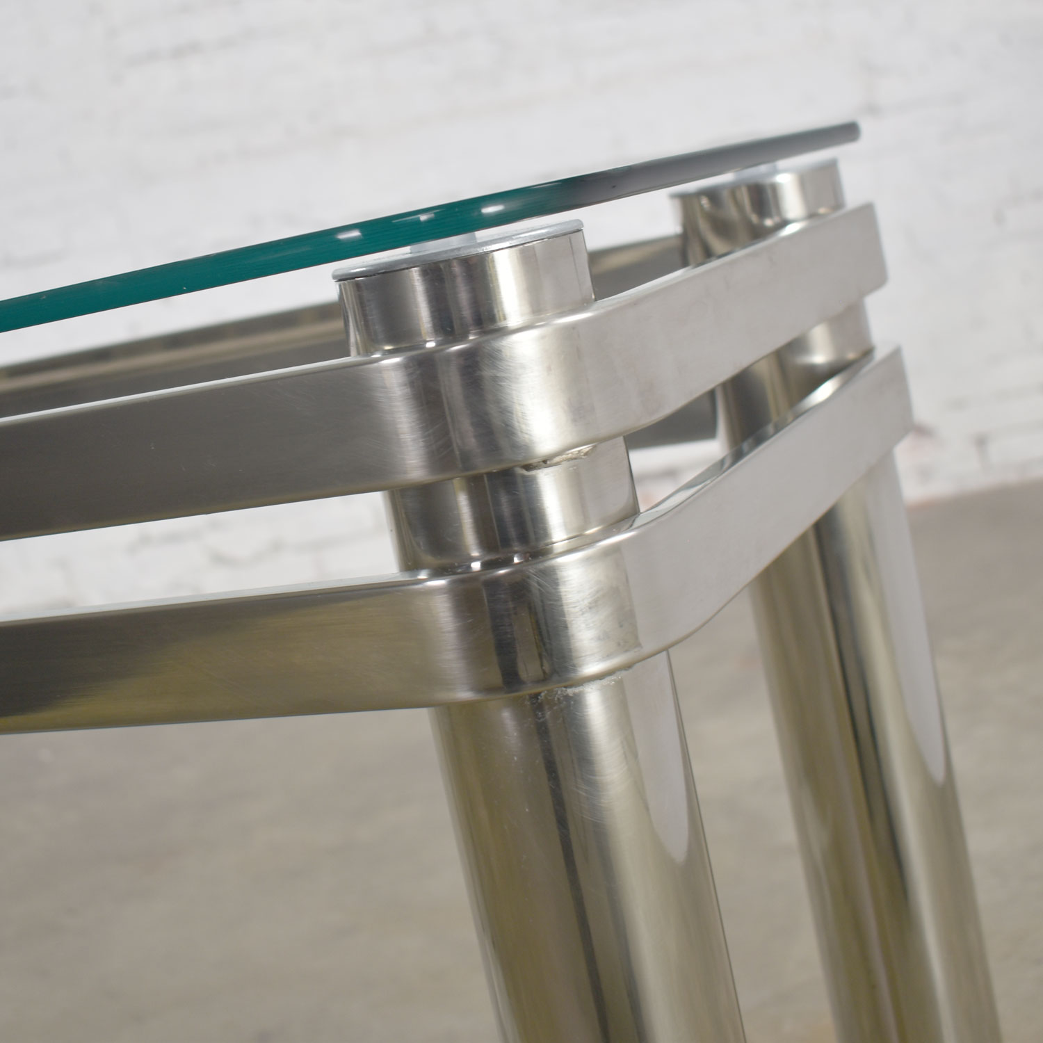 Modern Chrome Rectangle Console Sofa Table with Glass Top Style of Pace or Karl Springer