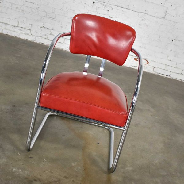 Art Deco Streamline Modern Bauhaus Cantilever Chair Chrome & Red Vinyl Attributed to Kem Weber for Lloyd’s Manufacturing