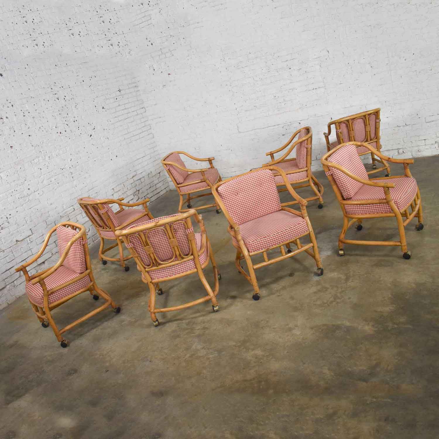 Rattan Rolling Dining Chairs in the Style of Ficks Reed Set of 8