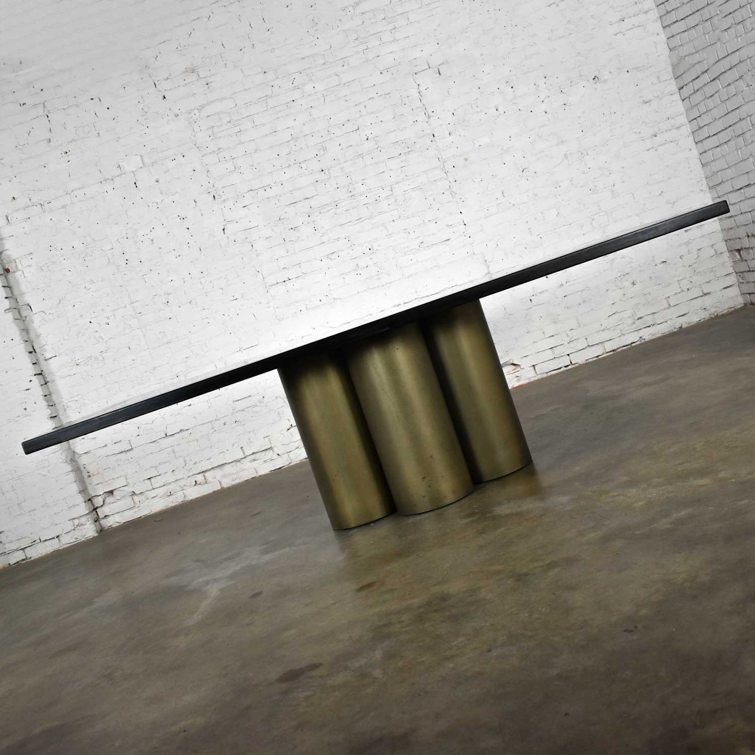 Modern Dining Table Metal Cylinder Pedestal Base & Black Oak Framed Top with Brass Insert