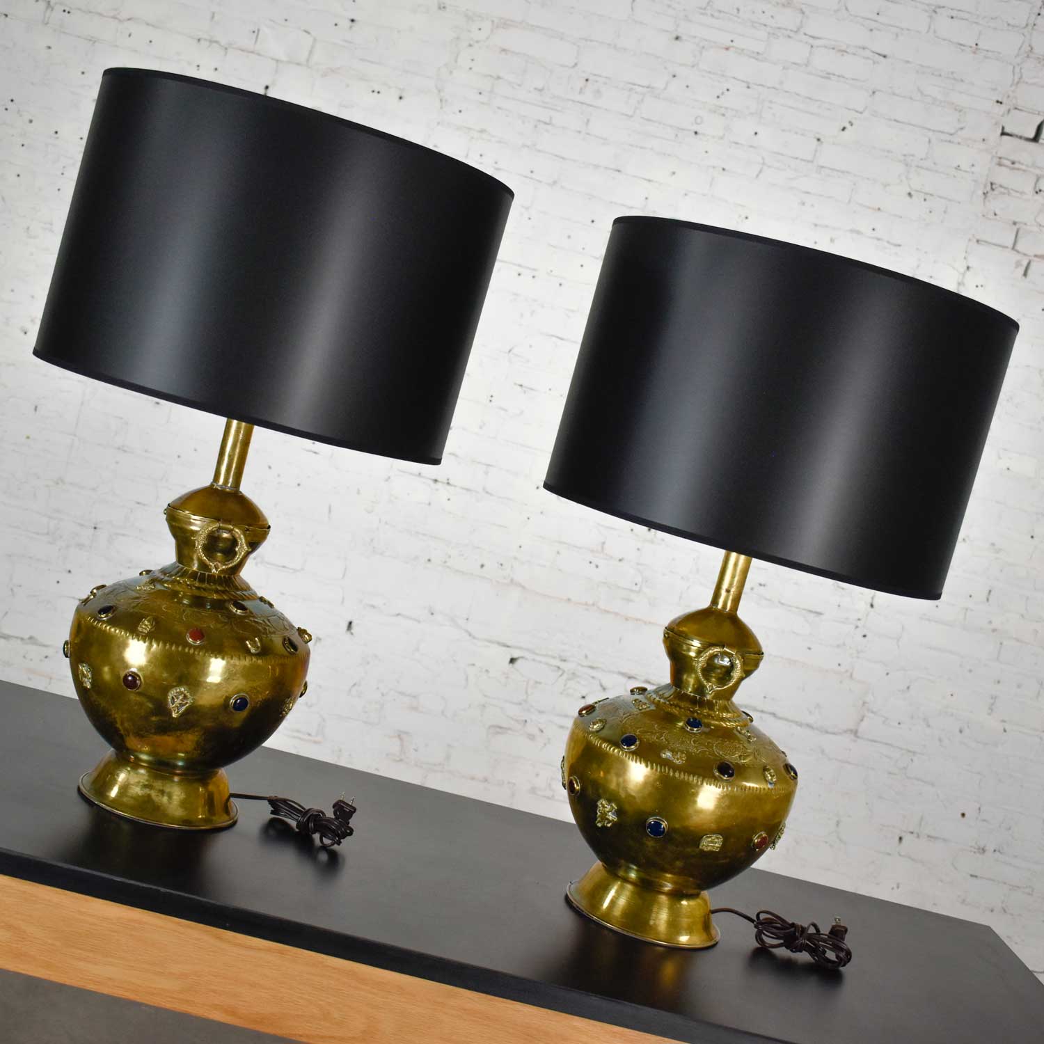 Pair of Tibetan Hand Hammered Brass Lamps with Glass Jewels