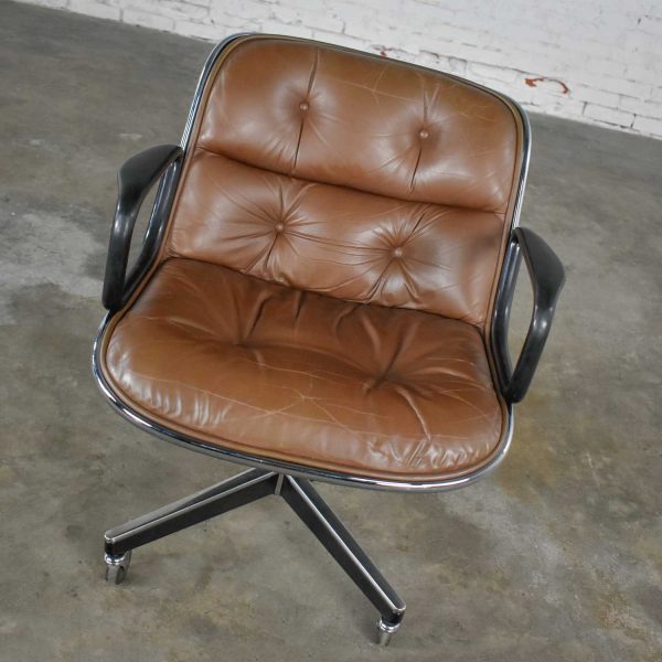 Executive Armchair by Charles Pollock for Knoll Brown Leather with 4 Prong Base