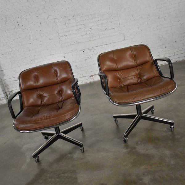 Executive Armchairs by Charles Pollock for Knoll Brown Leather 4 Prong Bases a Pair