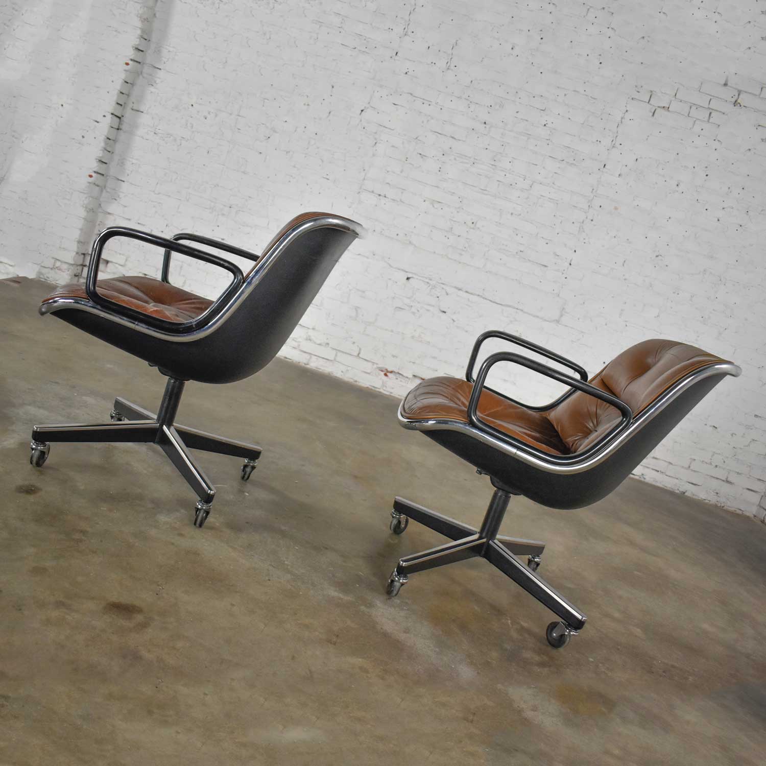 Executive Armchairs by Charles Pollock for Knoll Brown Leather 4 Prong Bases a Pair