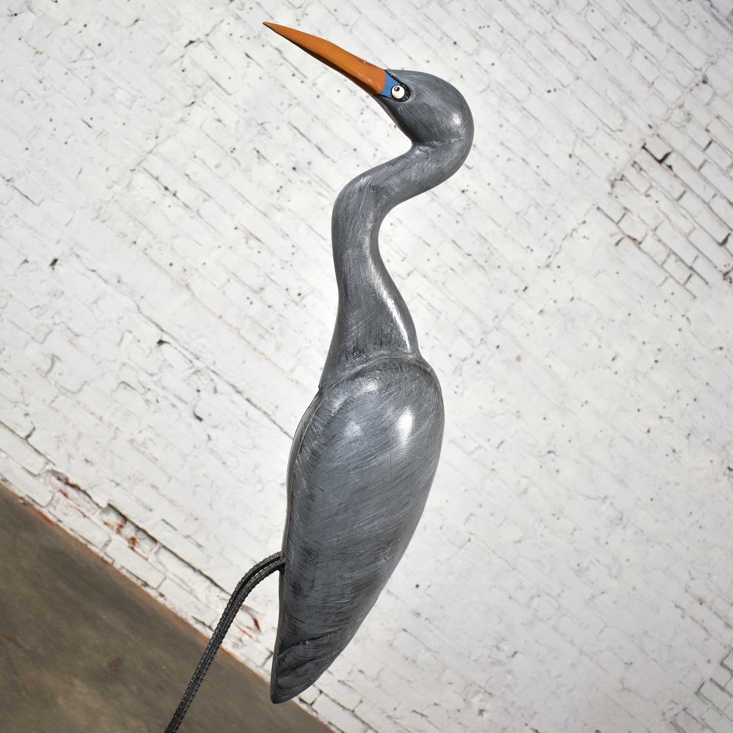 Life-sized Blue Heron Wood Carved Figure on Stand Signed