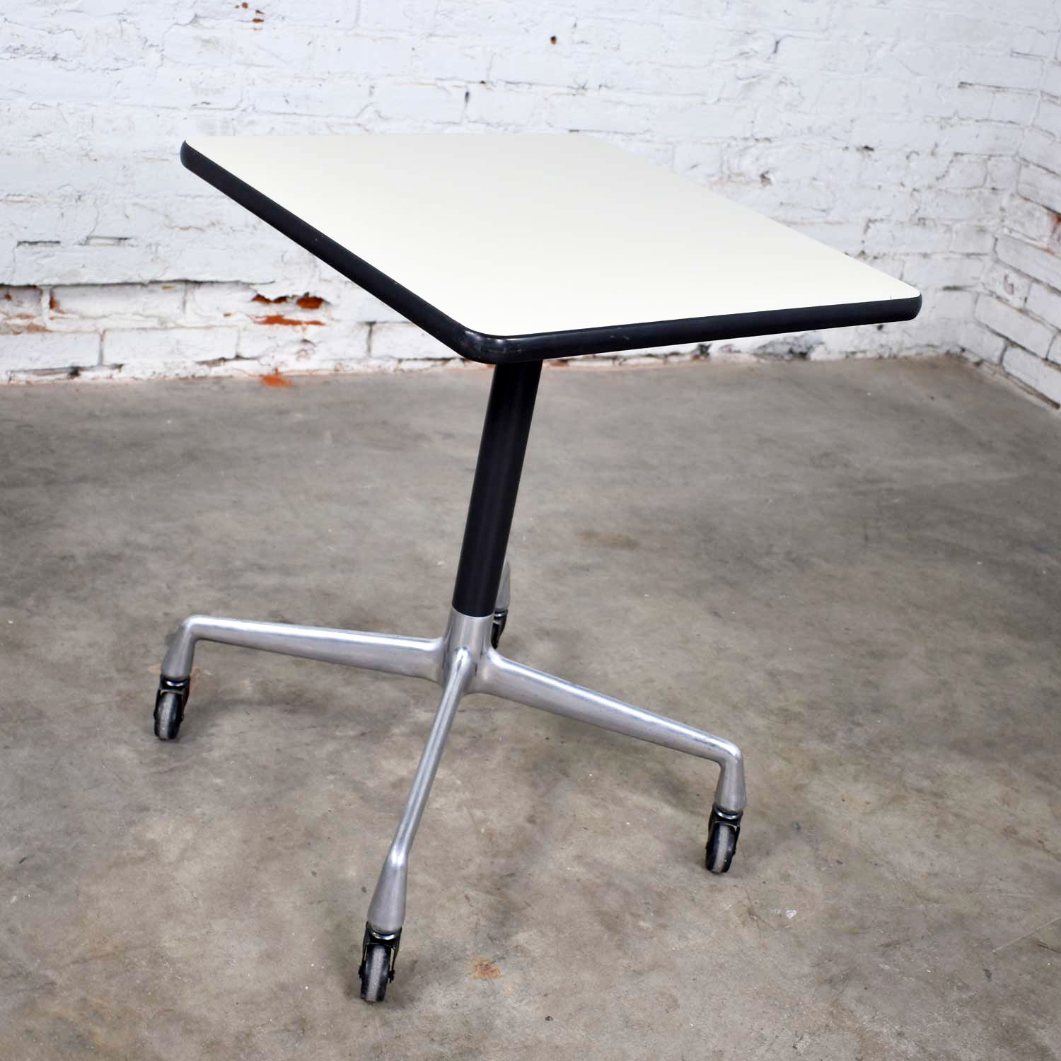Vintage Eames for Herman Miller Square Rolling Side Table Universal Base White Laminate Top