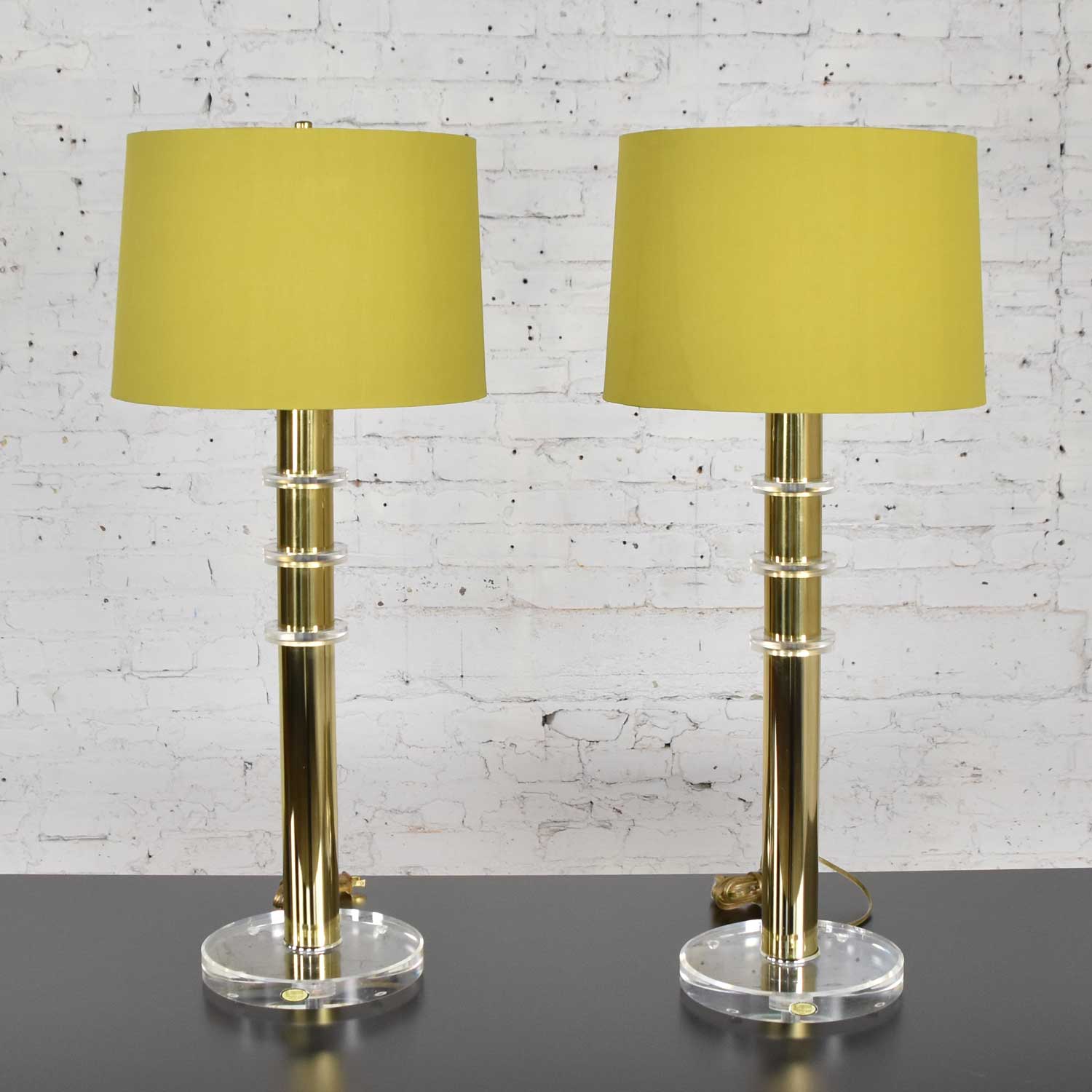 Modern Hollywood Regency Lucite & Brass Plate Lamps Chartreuse Green Shades a Pair Style Karl Springer