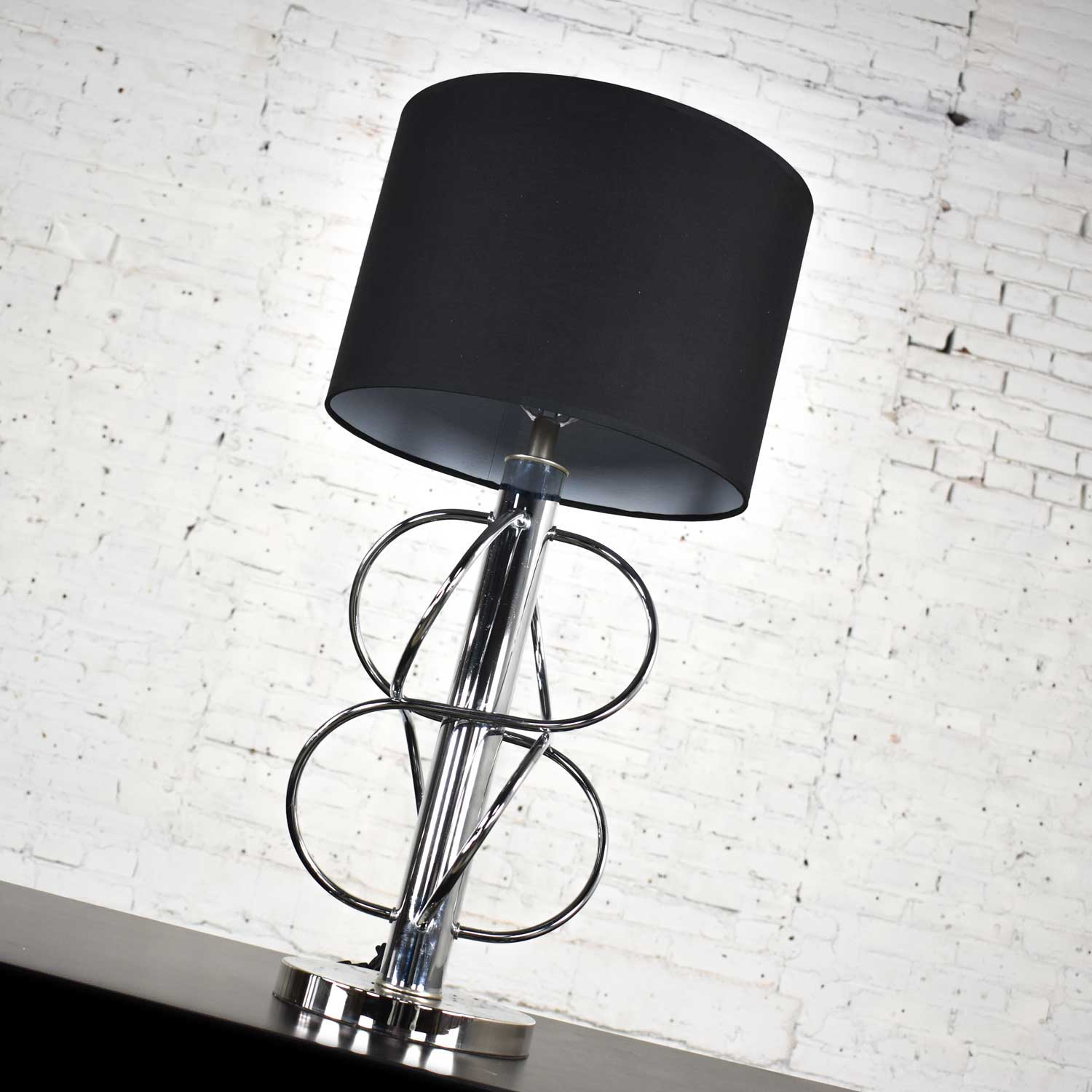 Vintage Mid-Century Modern Polished Chrome Table Lamp New Black Drum Shade