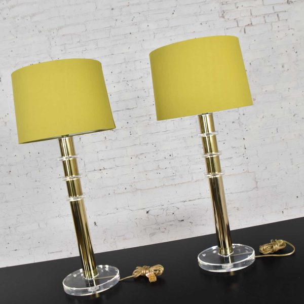 Modern Hollywood Regency Lucite & Brass Plate Lamps Chartreuse Green Shades a Pair Style Karl Springer