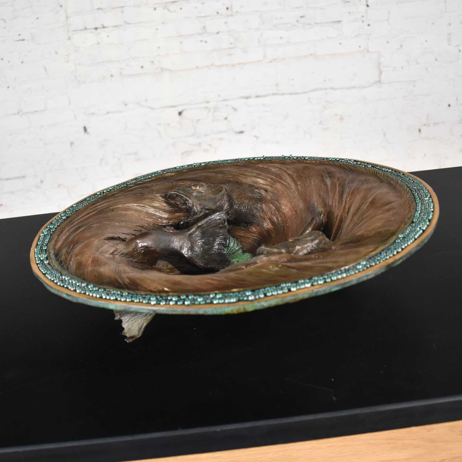 Organic Modern Cast Bronze Bowl Sculpture with Fish Design by John Forsythe