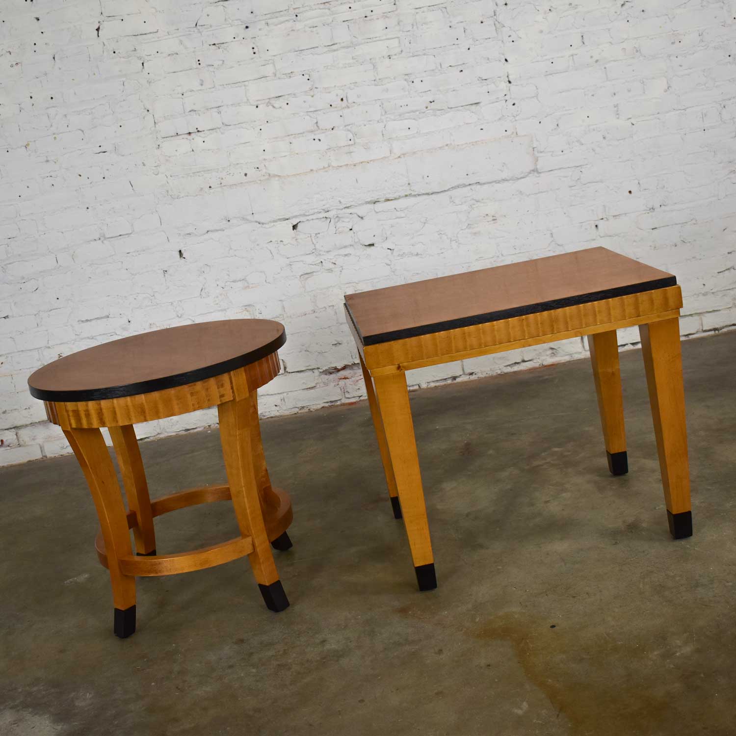 Pair Lane Art Deco Revival End Tables Mid-Toned Wood with Black Accents 1 Rectangle 1 Round