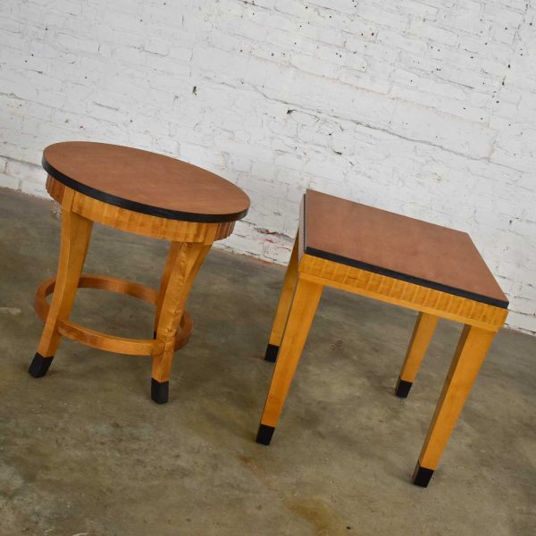 Pair Lane Art Deco Revival End Tables Mid-Toned Wood with Black Accents 1 Rectangle 1 Round