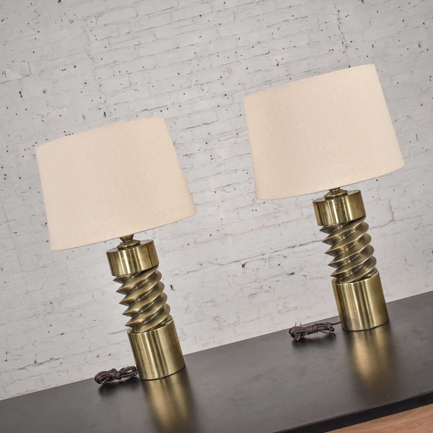 Vintage Mid Century Modern Brass Plated Corkscrew Table Lamps with New Shades a Pair