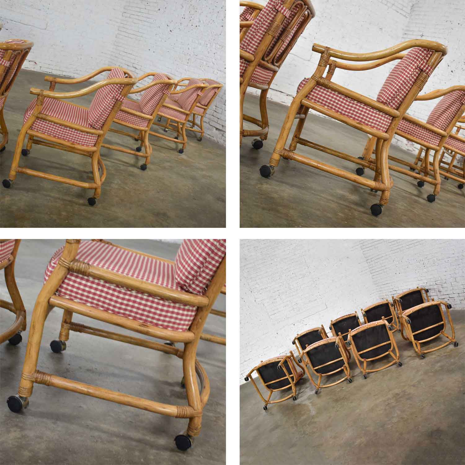 Rattan Rolling Dining Chairs in the Style of Ficks Reed Set of 8